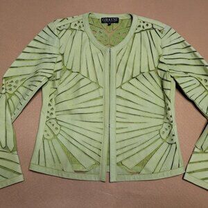 GRAYSE by Kelly and Marie Gray Leather Laser Cut Jacket Green Butterfly XS